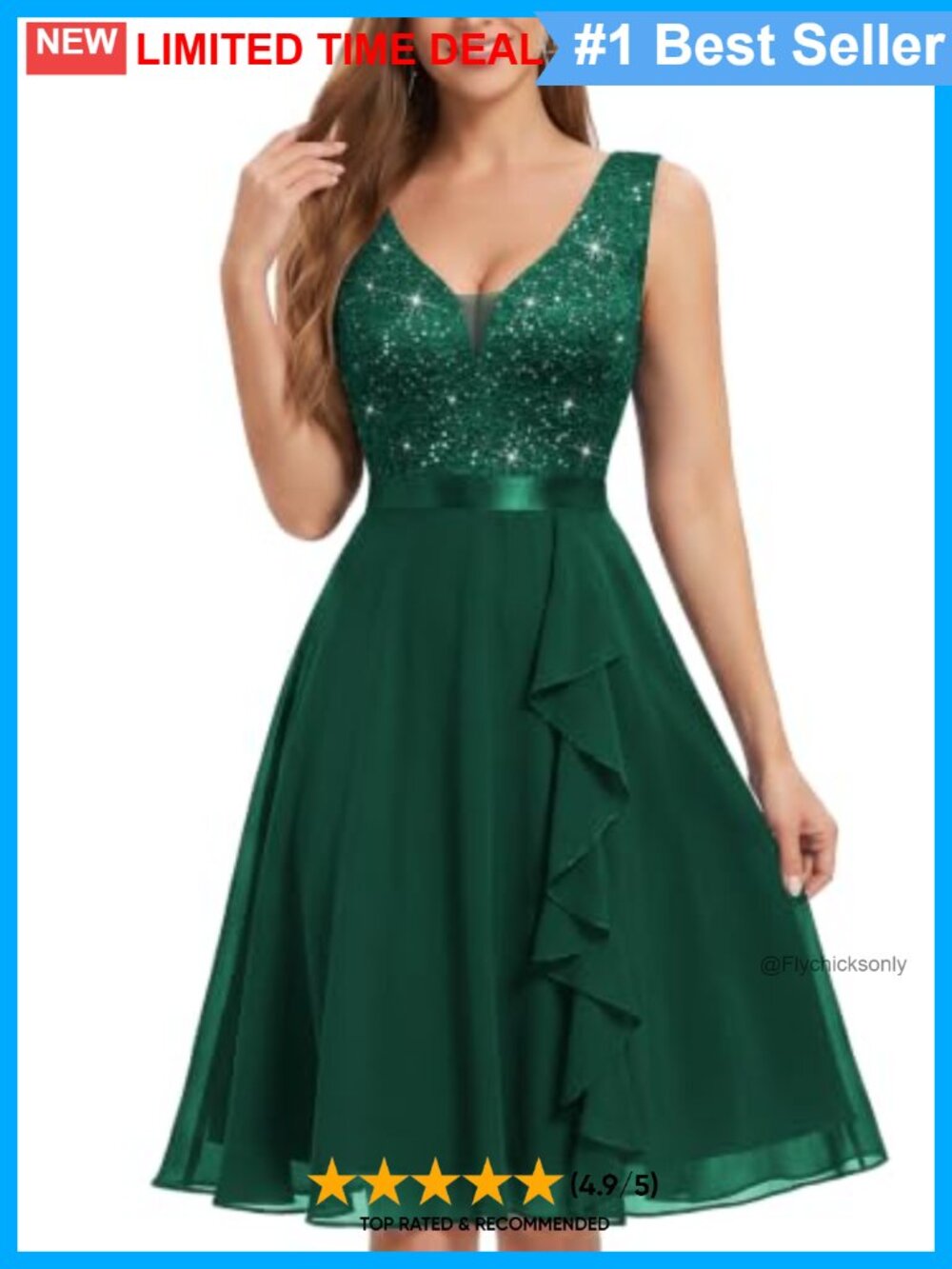 Mesh V-Neck Sequin Lace Ruffle Sleeveless Midi Cocktail Dress